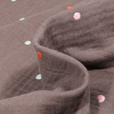 Tissu Double gaze Pois brodés colorés sur fond Taupe