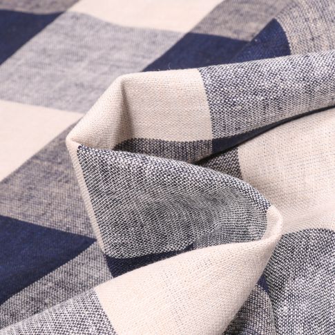 Tissu Lin Viscose Grands carreaux bleu sur fond Blanc cassé