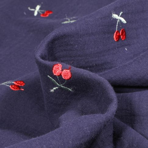 Tissu Double gaze Cerise brodées sur fond Bleu marine