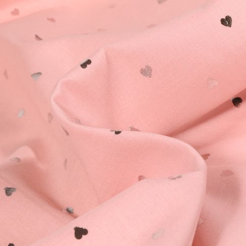 Tissu Coton imprimé Mini cœurs métallisés argent sur fond Rose