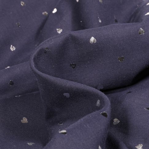 Tissu Coton imprimé Mini cœurs métallisés argent sur fond Bleu marine