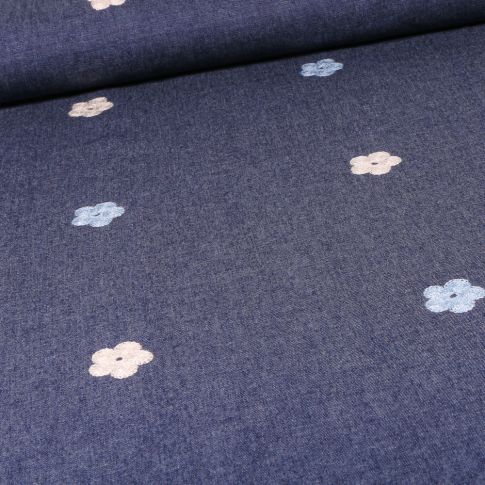 Tissu Chambray Pâquerettes brodées sur fond Bleu foncé