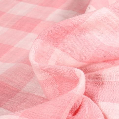 Tissu Double gaze reversible Vichy sur fond Rose bébé