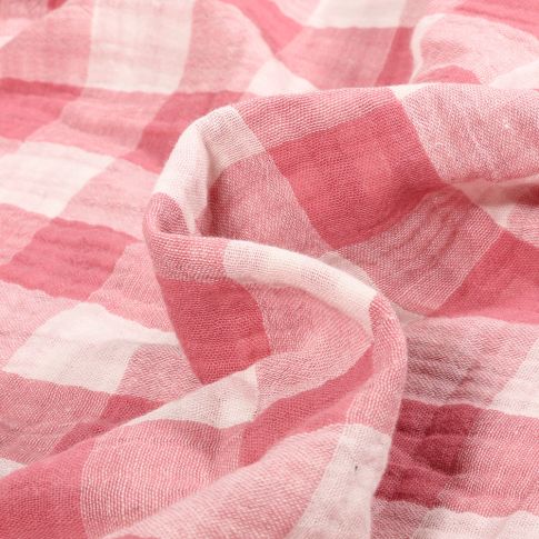 Tissu Double gaze reversible à carreaux Tess sur fond Vieux rose