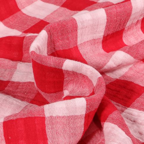 Tissu Double gaze reversible Vichy sur fond Rouge