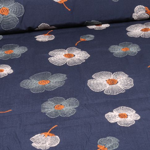 Tissu Viscose brodé Génésis sur fond Bleu marine