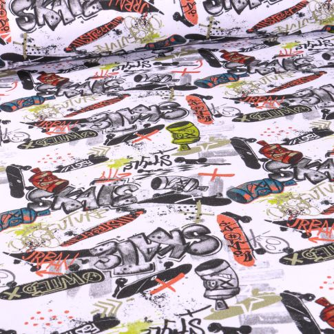 Tissu Jersey Coton envers gratté Street art sur fond Blanc