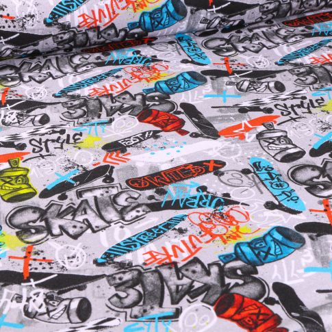 Tissu Jersey Coton envers gratté Street art sur fond Gris clair