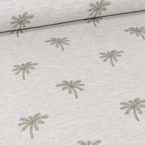 Tissu Jersey Coton Palms sur fond Gris clair chiné