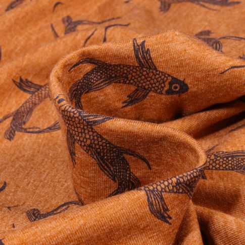 Tissu Jersey Coton Carpe Koi sur fond Cassonade