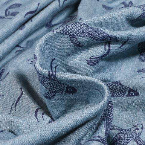 Tissu Jersey Coton Carpe Koi sur fond Bleu