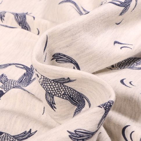 Tissu Jersey Coton Carpe Koi sur fond Ecru