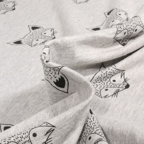 Tissu Sweat léger envers gratté Tête de renard sur fond Gris chiné