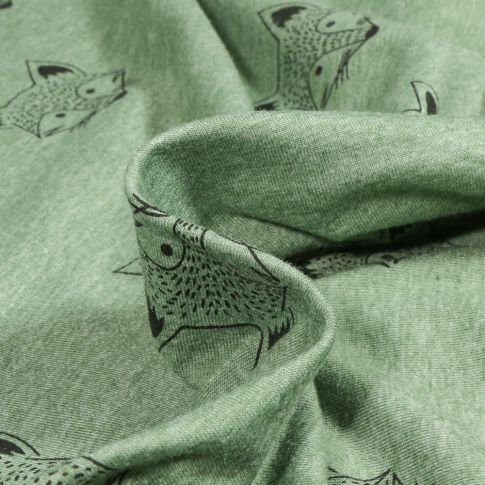 Tissu Sweat léger envers gratté Tête de renard sur fond Vert chiné