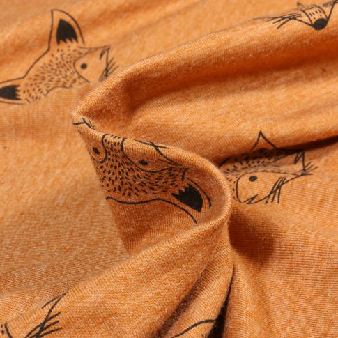 Tissu Sweat léger envers gratté Tête de renard sur fond Orange