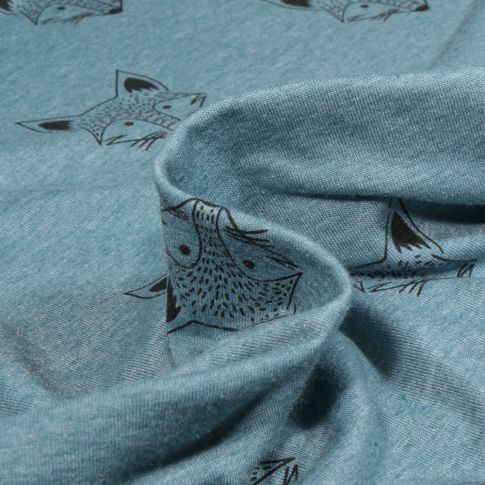 Tissu Sweat léger envers gratté Tête de renard sur fond Bleu chiné