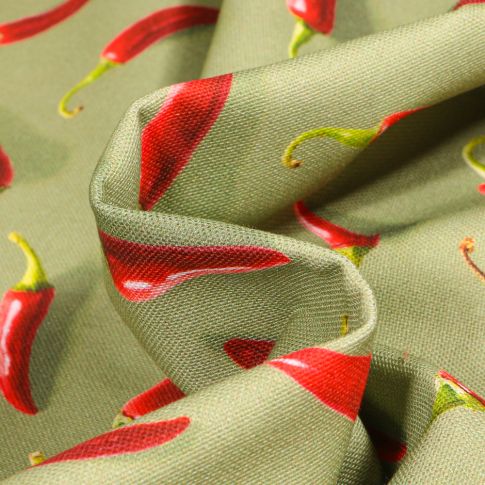 Tissu Toile de Coton  Piments sur fond Vert