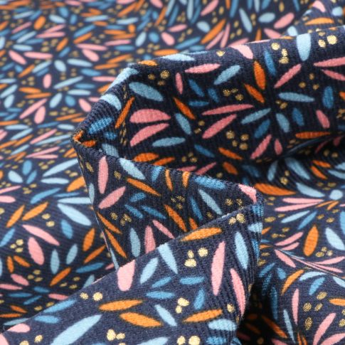 Tissu Velours milleraies Pétales Colorées sur fond Bleu marine
