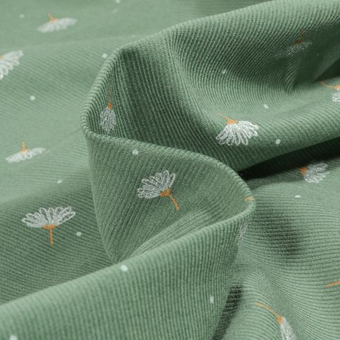 Tissu Velours milleraies Florali sur fond Vert amande