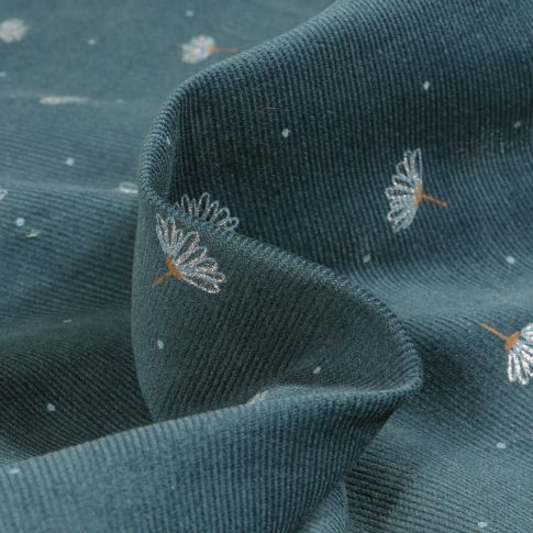 Tissu Velours milleraies Florali sur fond Bleu pétrole