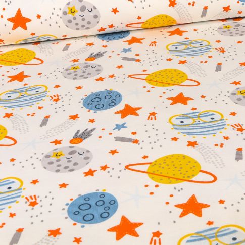 Tissu Jersey Coton envers gratté Space sur fond Ecru
