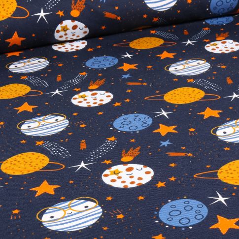 Tissu Jersey Coton envers gratté Space sur fond Bleu marine