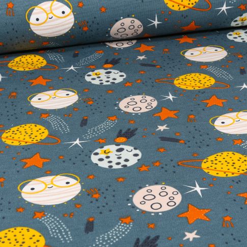 Tissu Jersey Coton envers gratté Space sur fond Bleu gris