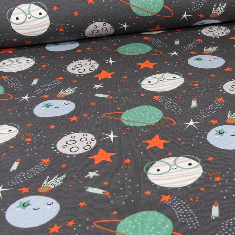 Tissu Jersey Coton envers gratté Space sur fond Gris anthracite