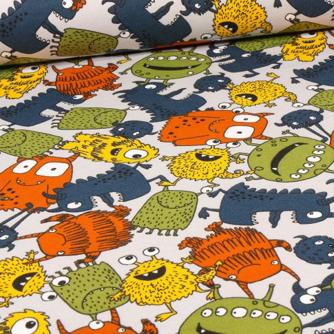Tissu Jersey Coton envers gratté Gribouille sur fond Gris clair