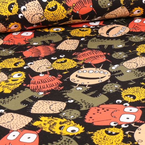 Tissu Jersey Coton envers gratté Gribouille sur fond Noir