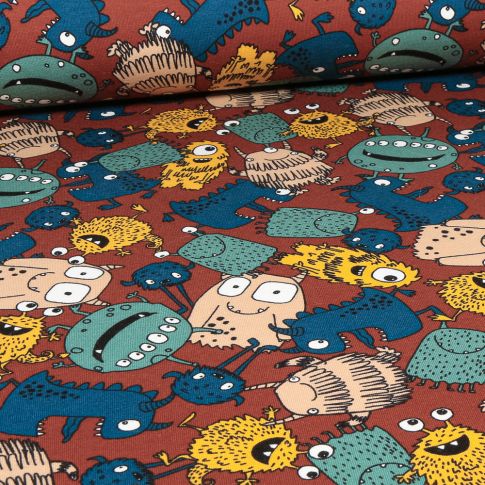 Tissu Jersey Coton envers gratté Gribouille sur fond Brique