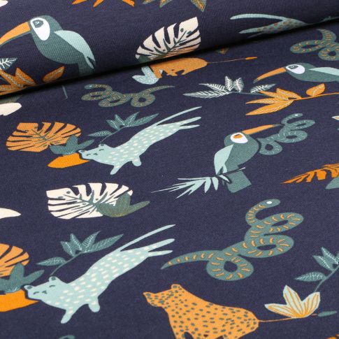 Tissu Jersey Coton Bio Toucan jungle sur fond Bleu marine