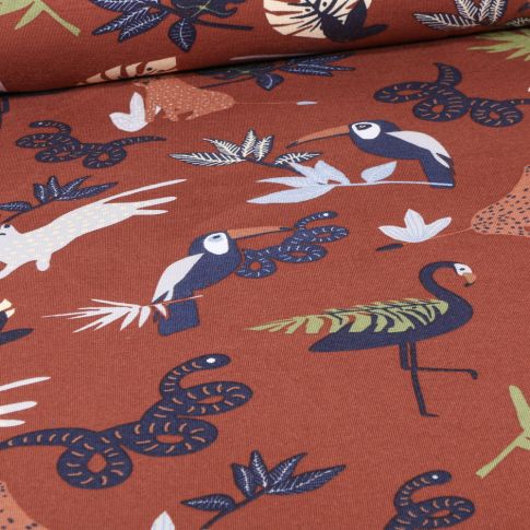Tissu Jersey Coton Bio Toucan jungle sur fond Terre de Sienne