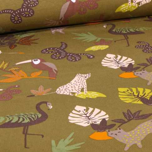 Tissu Jersey Coton Bio Toucan jungle sur fond Vert kaki
