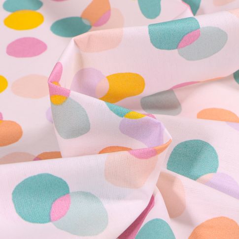 Tissu Coton enduit Pois XL multicolores sur fond Blanc