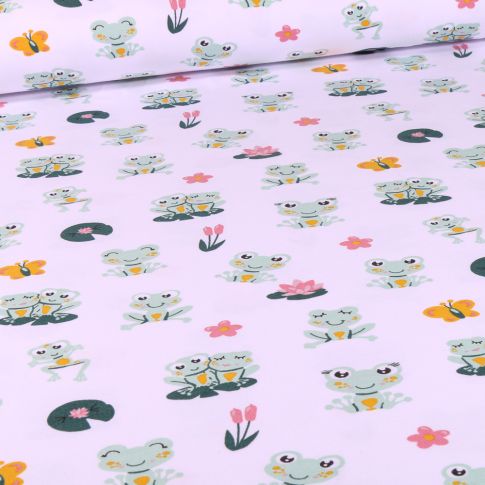 Tissu Jersey Coton Bio Grenouilles et nénuphar sur fond Blanc