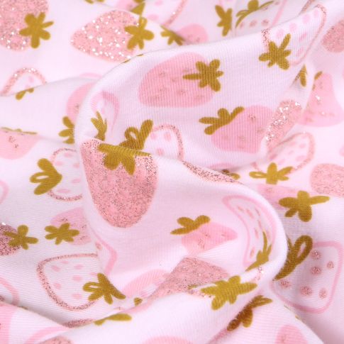 Tissu Jersey Coton Fraises pailletées sur fond Blanc