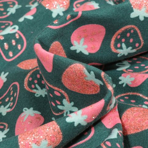 Tissu Jersey Coton Fraises pailletées sur fond Vert foncé