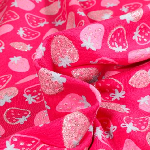 Tissu Jersey Coton Fraises pailletées sur fond Rose fuchsia