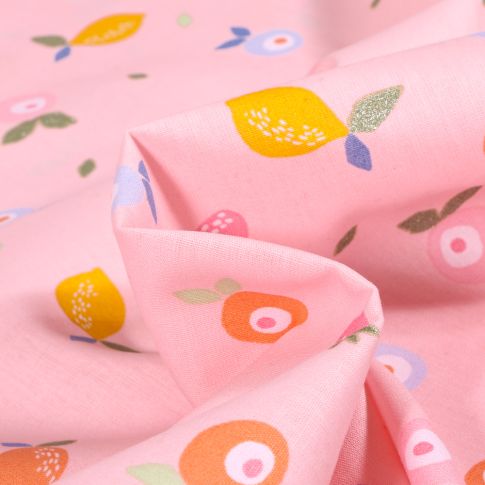 Tissu Coton imprimé LittleBird Fruits multicolores sur fond Rose