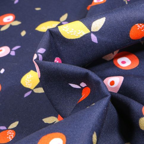 Tissu Coton imprimé LittleBird Fruits multicolores sur fond Bleu marine