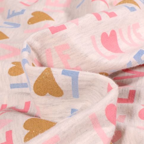 Tissu Jersey Coton LOVE sur fond Gris chiné