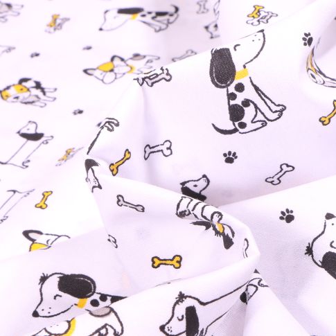 Tissu Coton imprimé Bio Chiens et petit os sur fond Blanc