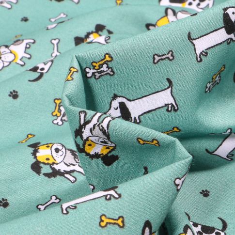 Tissu Coton imprimé Bio Chiens et petit os sur fond Vert menthe