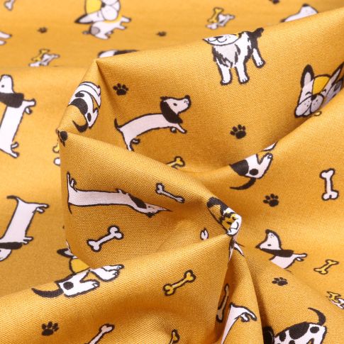 Tissu Coton imprimé Bio Chiens et petit os sur fond Jaune