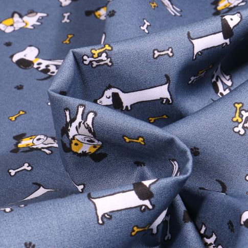 Tissu Coton imprimé Bio Chiens et petit os sur fond Bleu