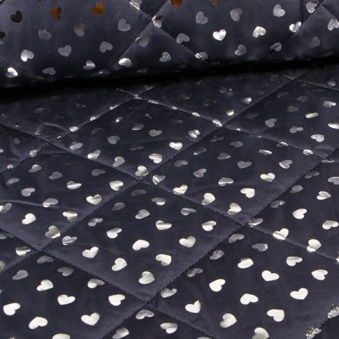 Tissu Doudoune matelassé Coeurs métalisés argent sur fond Bleu marine