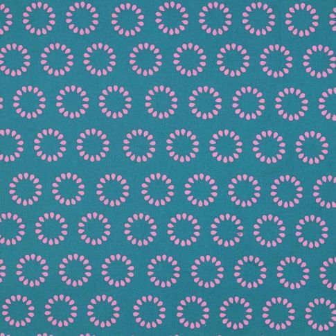 Tissu Polycoton  Rosace Pop fuchsia sur fond Bleu canard