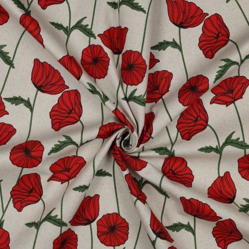 Tissu Toile Coton Canvas Enduit aspect Lin Coquelicots sur fond Naturel