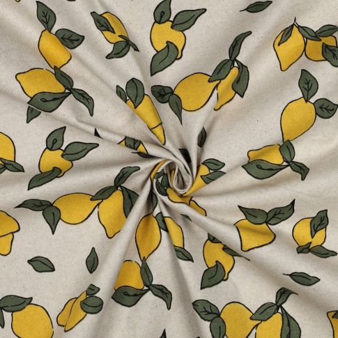 Tissu Toile Coton Canvas Enduit aspect Lin Citrons sur fond Naturel